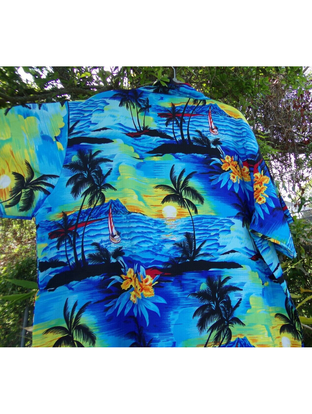 V.H.O Tropical Shirt 4XL Blue Floral Palm Island Print Sailboat Hawaiian style. - Picture 7 of 11